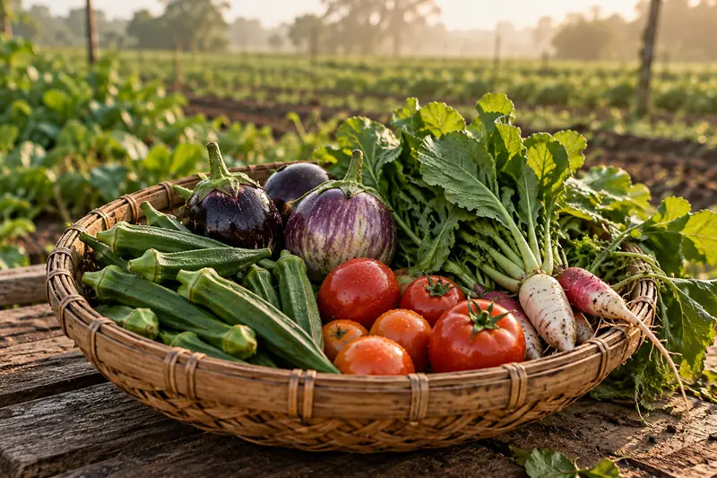 AI-generated concept of fresh vegetables in a woven harvest basket.