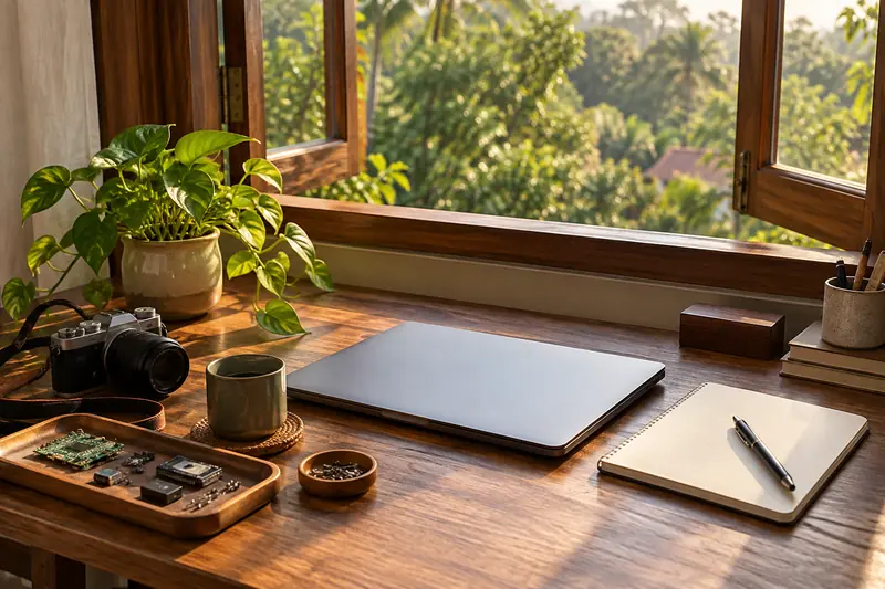 AI-generated concept of a creative technology workspace.