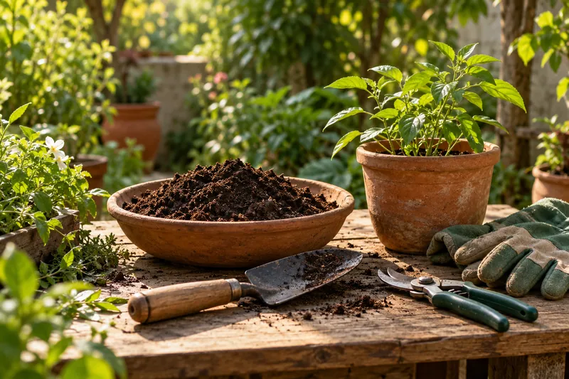 AI-generated concept of gardening tools and compost; not JeeVan stock or premises.