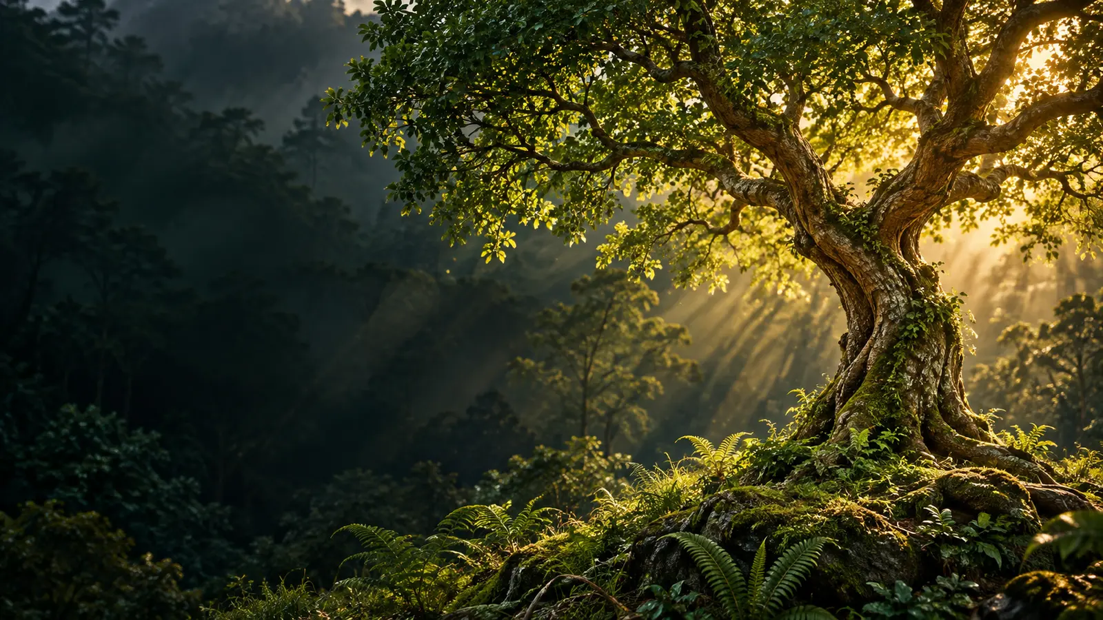 AI-generated concept of an illuminated forest tree; not the actual JeeVan farm.